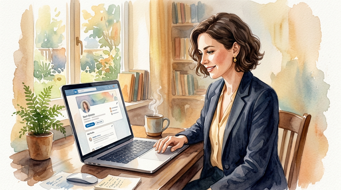 Business professional adjusting LinkedIn profile on laptop with analytics visible