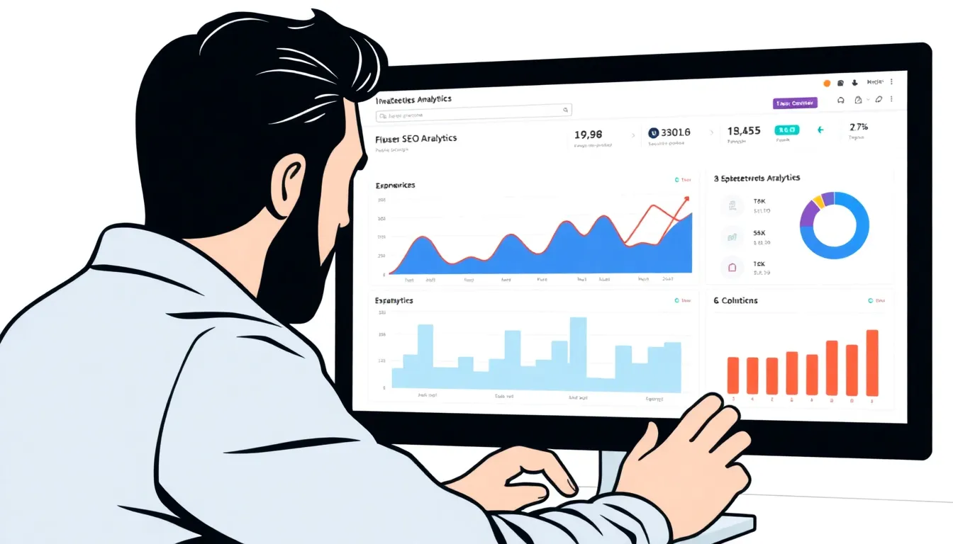 Person reviewing website analytics dashboard with SEO and content performance metrics
