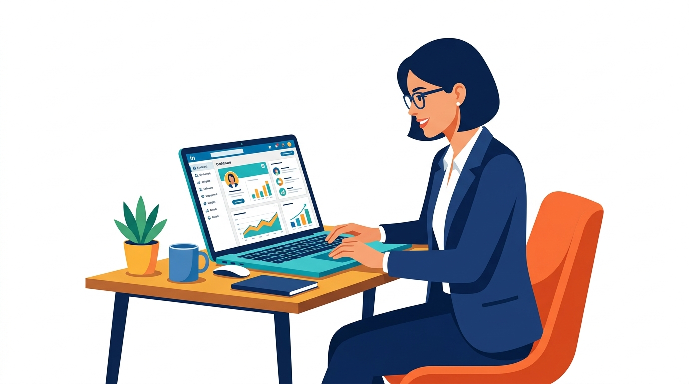 Business professional reviewing LinkedIn dashboard on laptop with graphs visible