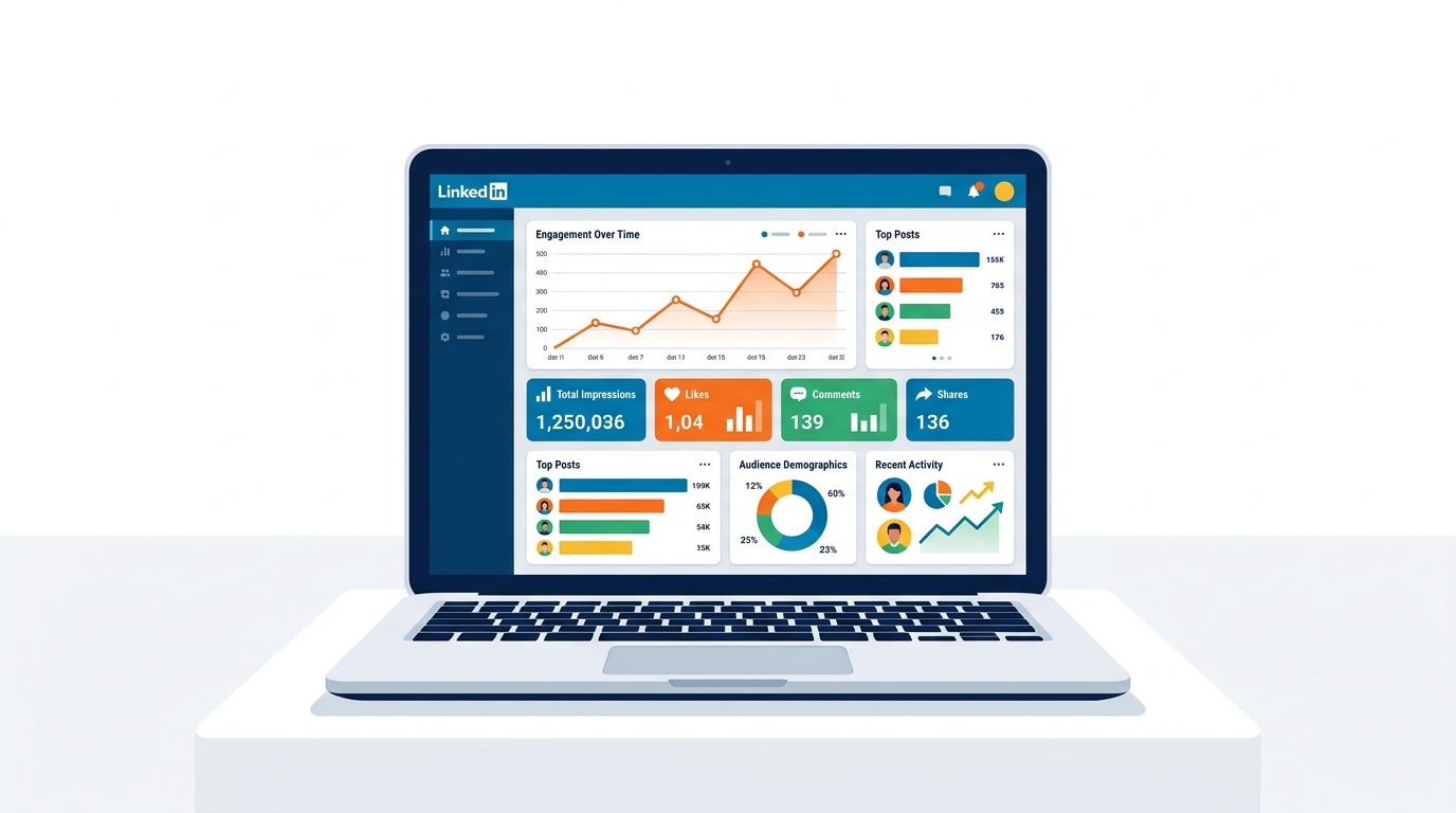 Laptop showing LinkedIn analytics dashboard with engagement stats visible
