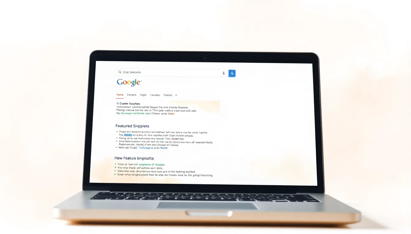 Laptop showing Google SERP with featured snippets and site links highlighted