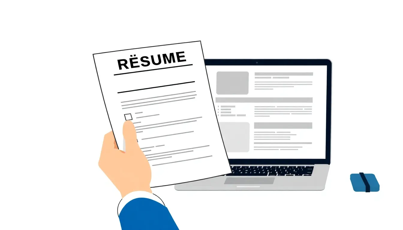 Person reviewing a printed resume beside a laptop showing job application results