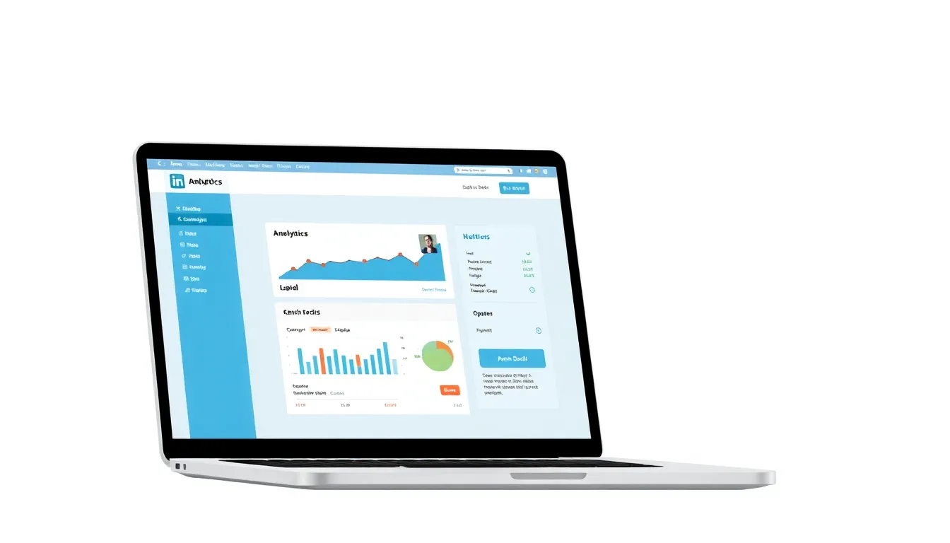 Laptop showing LinkedIn analytics dashboard next to open content planner notebook