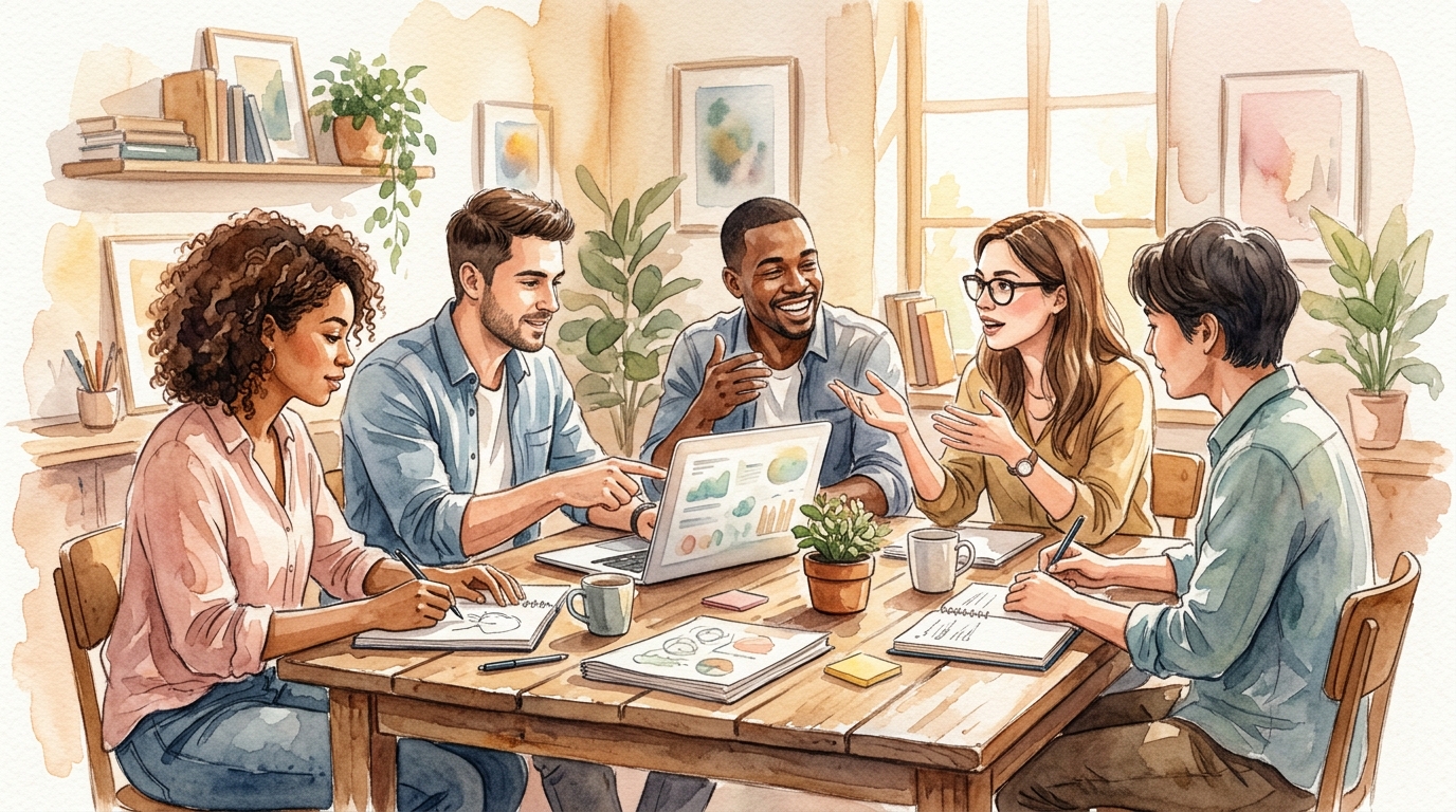 Team of marketers brainstorming around a laptop displaying AI-generated text