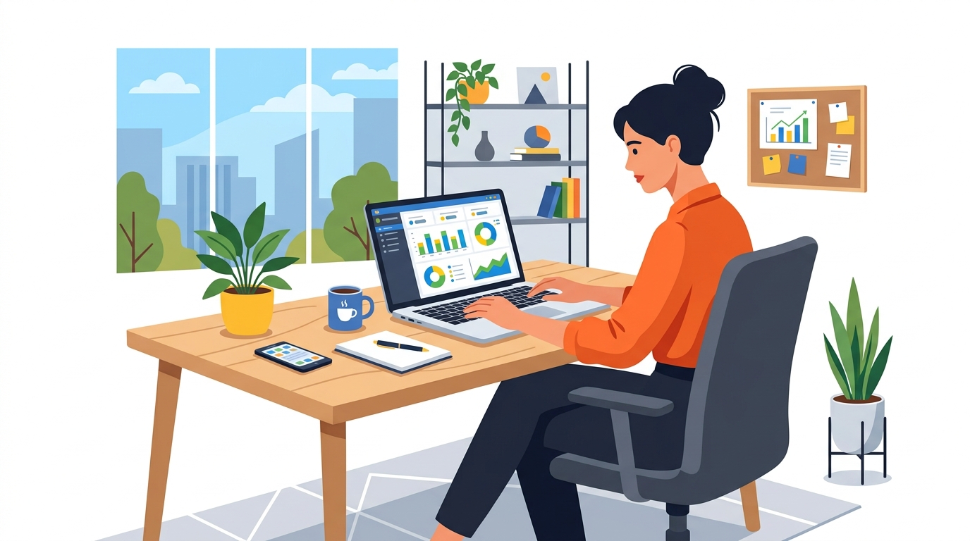 Marketer reviewing website analytics on a laptop in a modern office