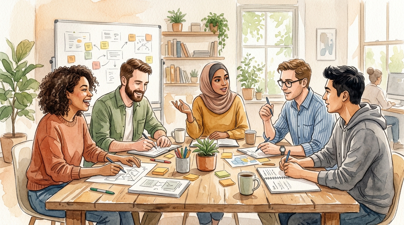 Team in casual office environment, brainstorming at a table with laptops
