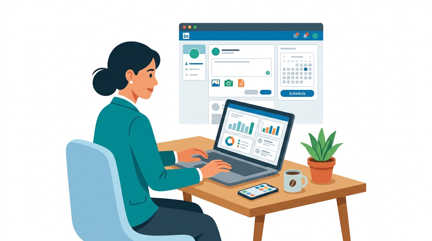 Person scheduling posts on LinkedIn dashboard from laptop