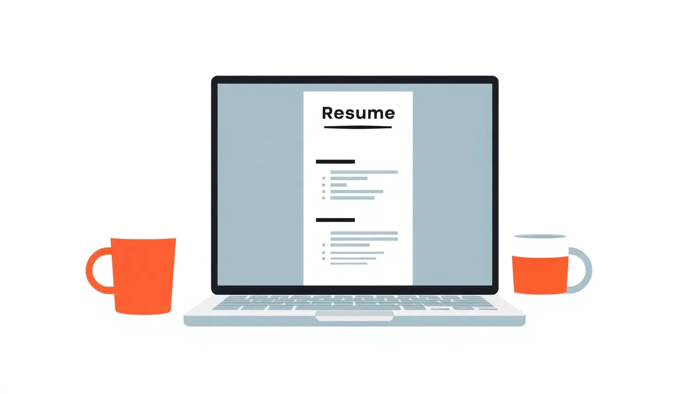 Laptop showing resume template on screen next to a cup of coffee
