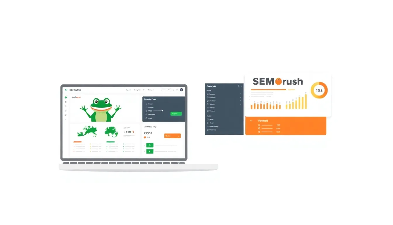 Laptop showing Screaming Frog and SEMrush dashboards side by side