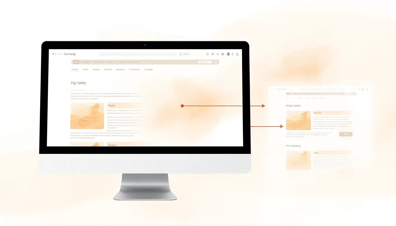 Desktop screen showing website pages connected by arrows, resembling an internal link map