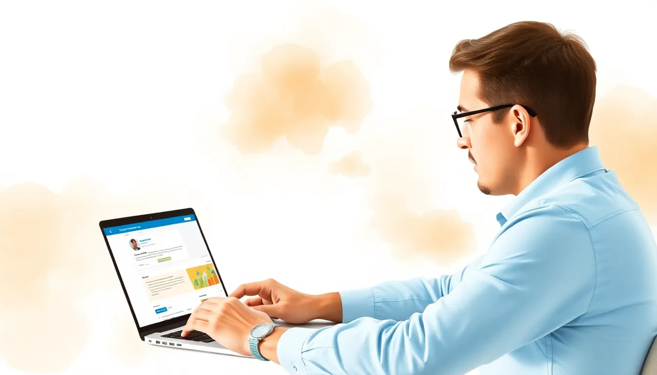 Professional man reviewing LinkedIn profile on laptop with analytics in background
