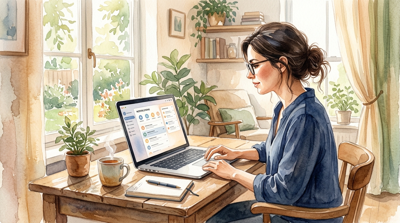 Professional checking LinkedIn notifications on laptop in a modern office