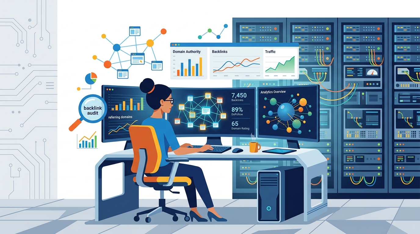Digital marketer analyzing backlink profile on large computer monitor