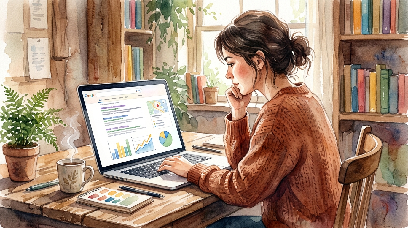 Person examining laptop displaying Google SERP, graphs, and keywords