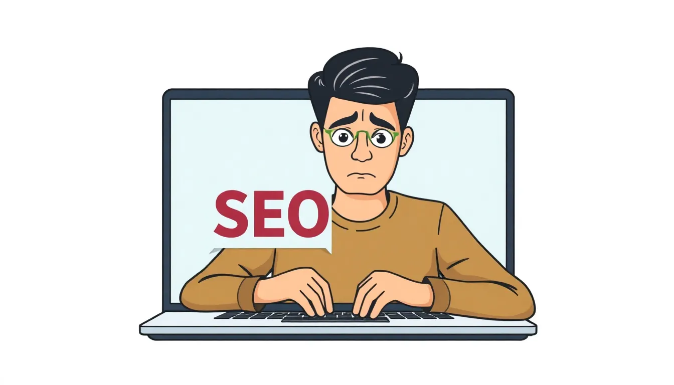 Person looking worried at laptop showing dropping SEO rank on dashboard