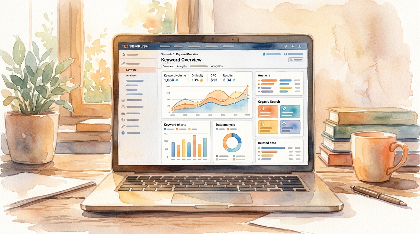 Laptop showing Semrush keyword research dashboard