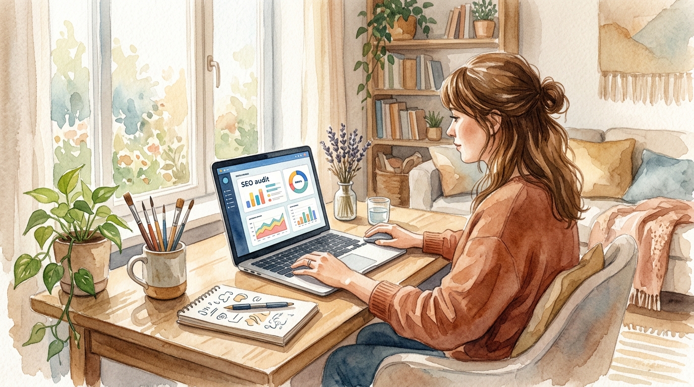 Person working at desk with laptop showing an SEO audit dashboard