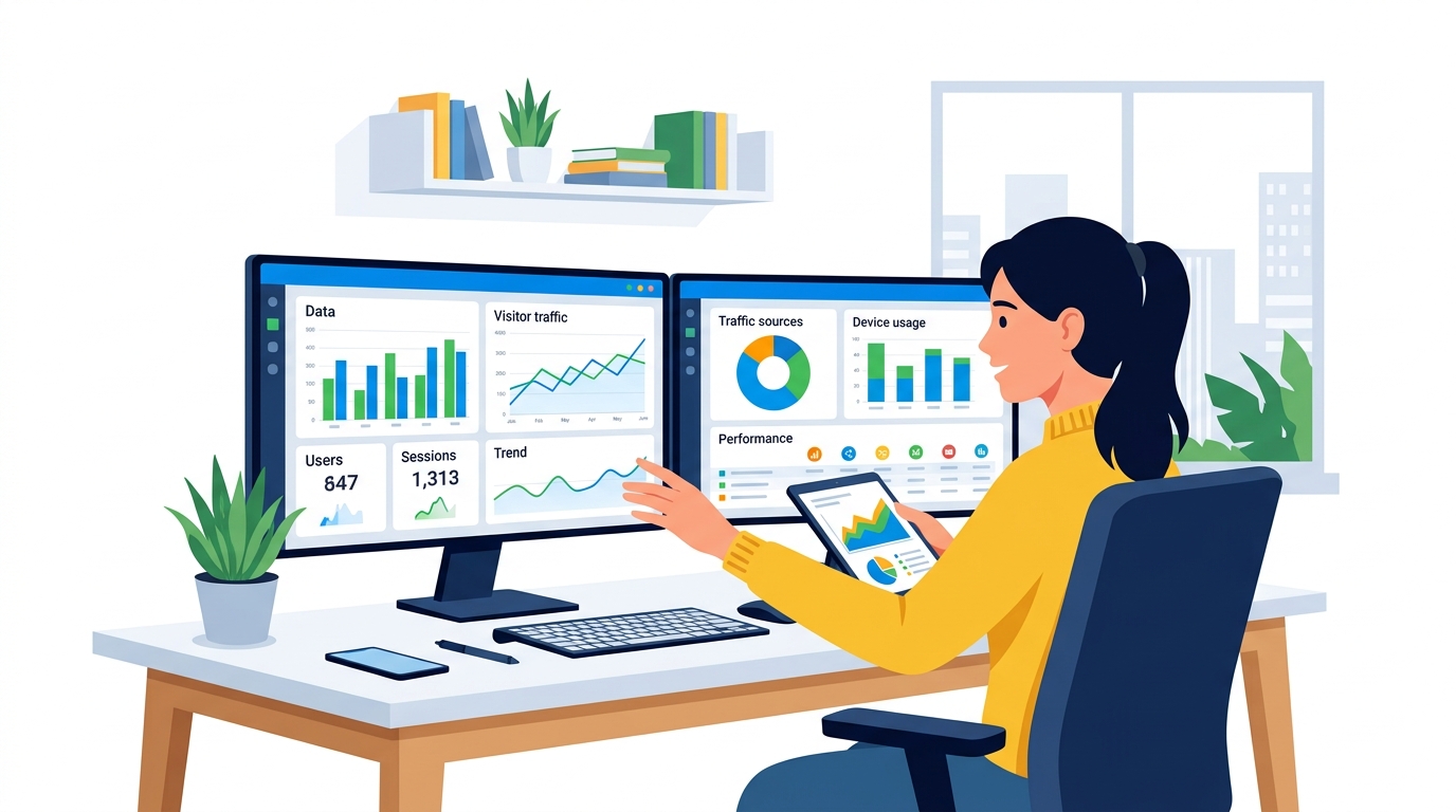Marketer reviewing website analytics dashboard on dual monitors