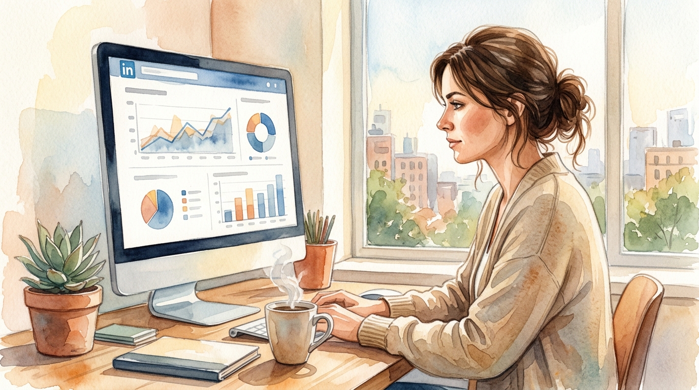 Professional at desk viewing LinkedIn analytics dashboard on laptop