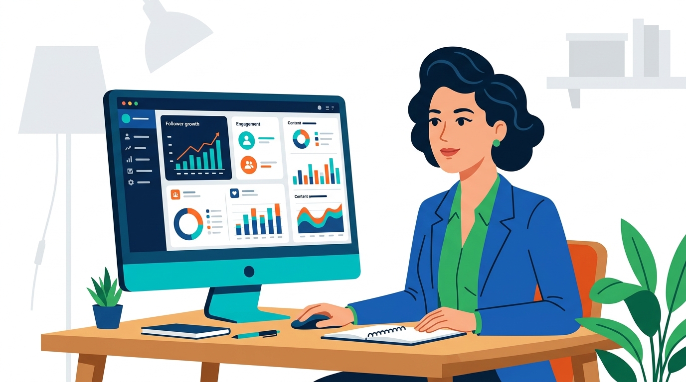 Professional at desk viewing LinkedIn analytics dashboard on large monitor
