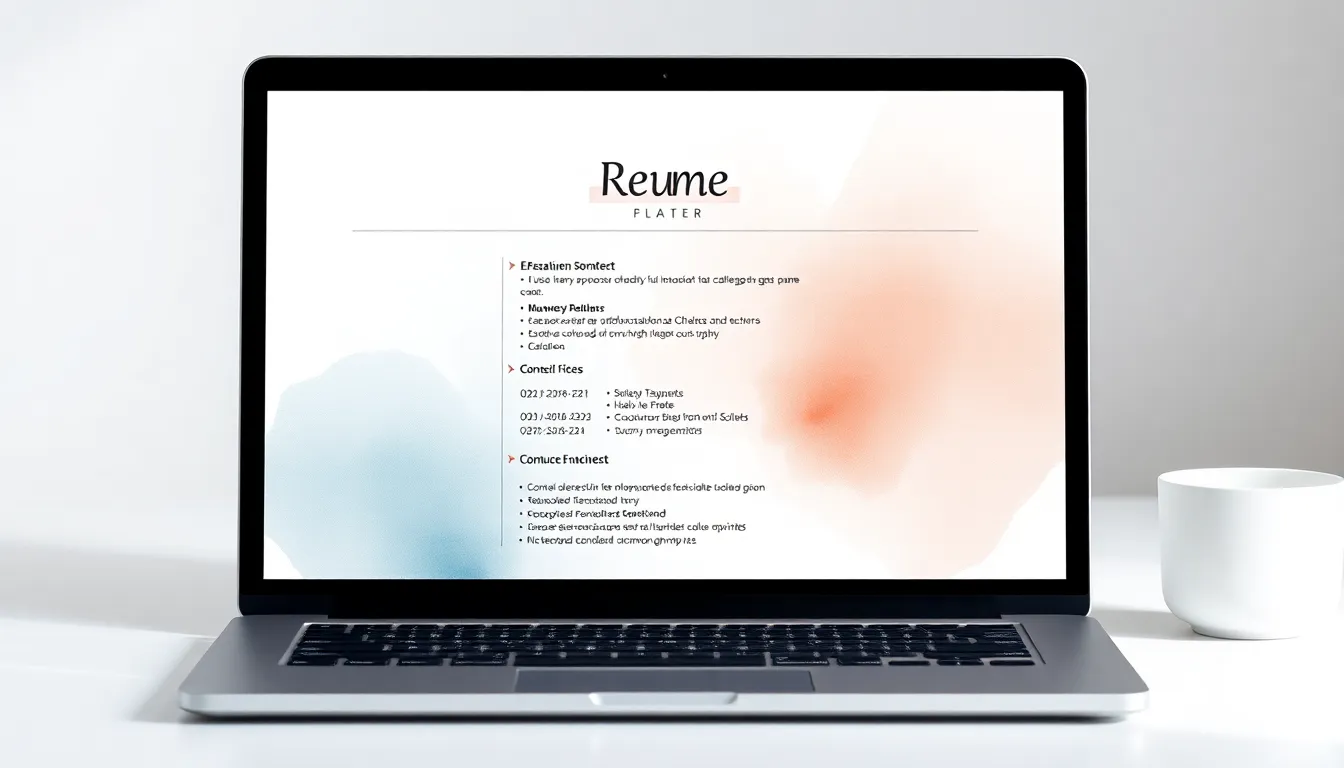 Laptop showing a modern resume template on screen