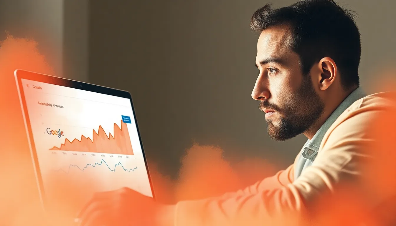 Man staring at laptop showing steep uptrend in Google Analytics traffic chart