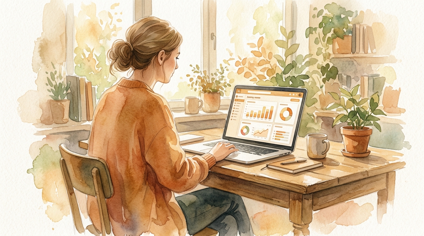 Person viewing LinkedIn analytics dashboard on a laptop at a desk with morning sunlight