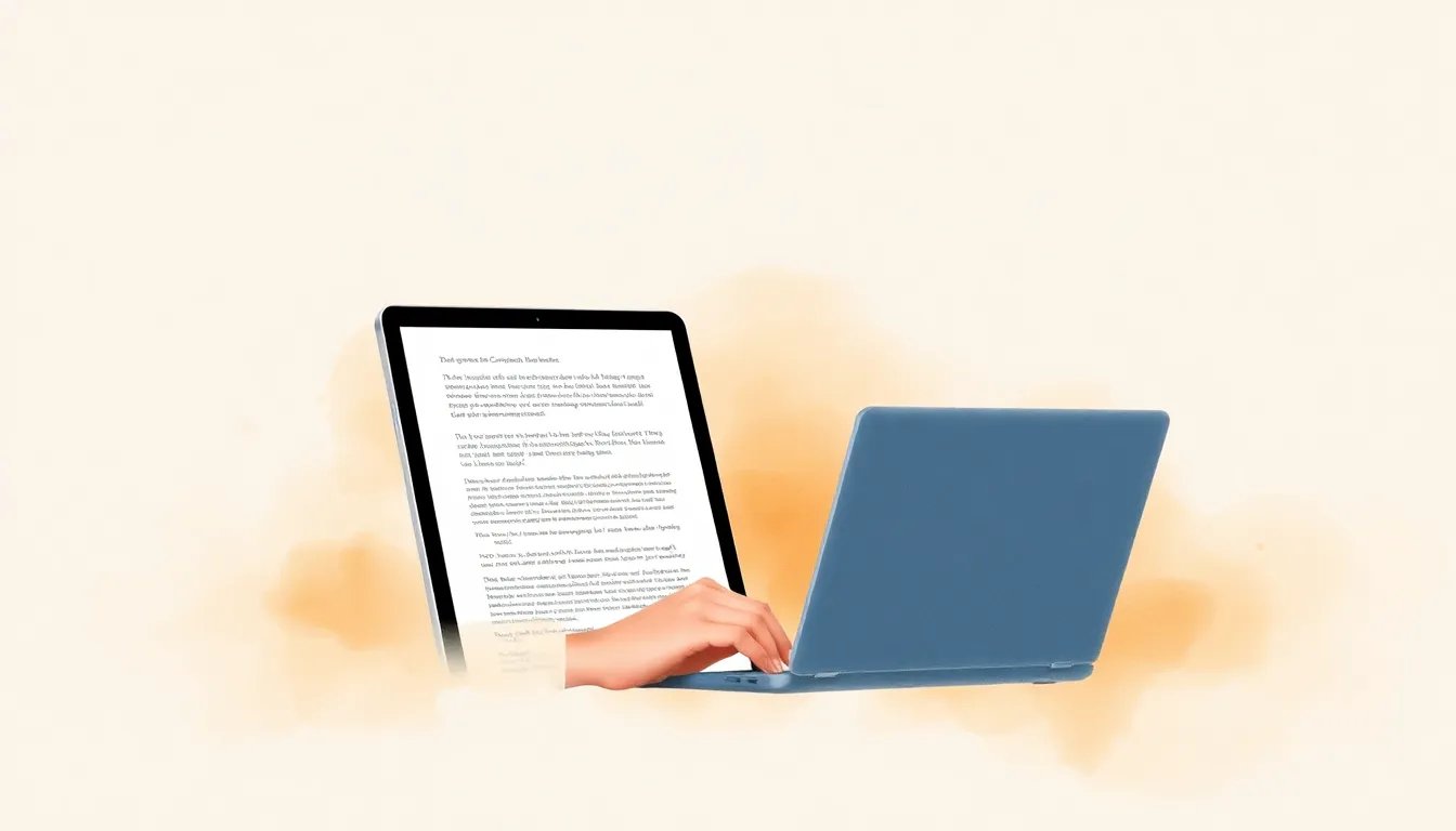 Digital marketer reviewing AI-generated article draft on large monitor in modern office