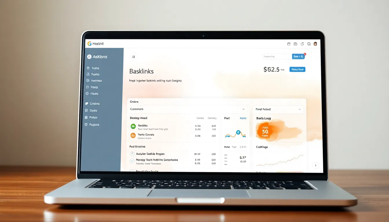 Laptop screen displaying Ahrefs backlink profile dashboard