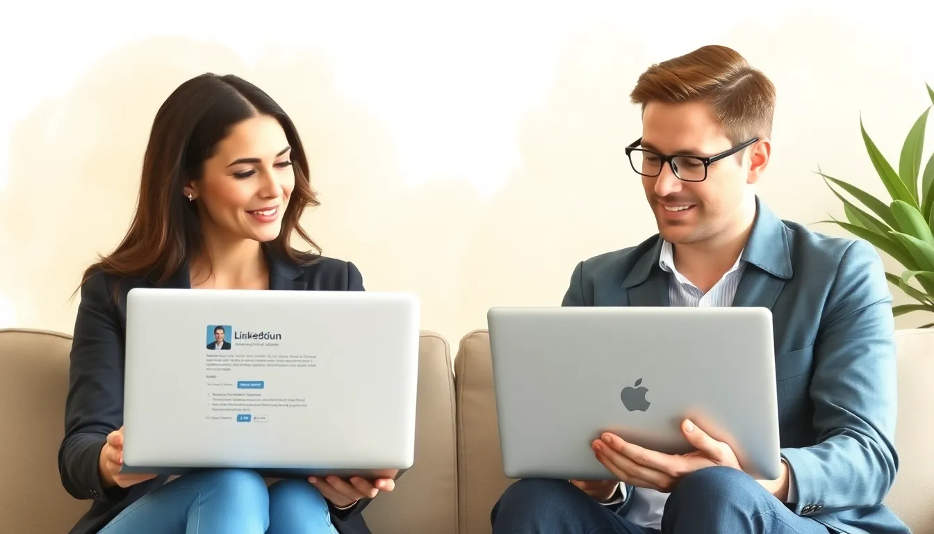 Two professionals comparing LinkedIn profiles on laptops in a modern office