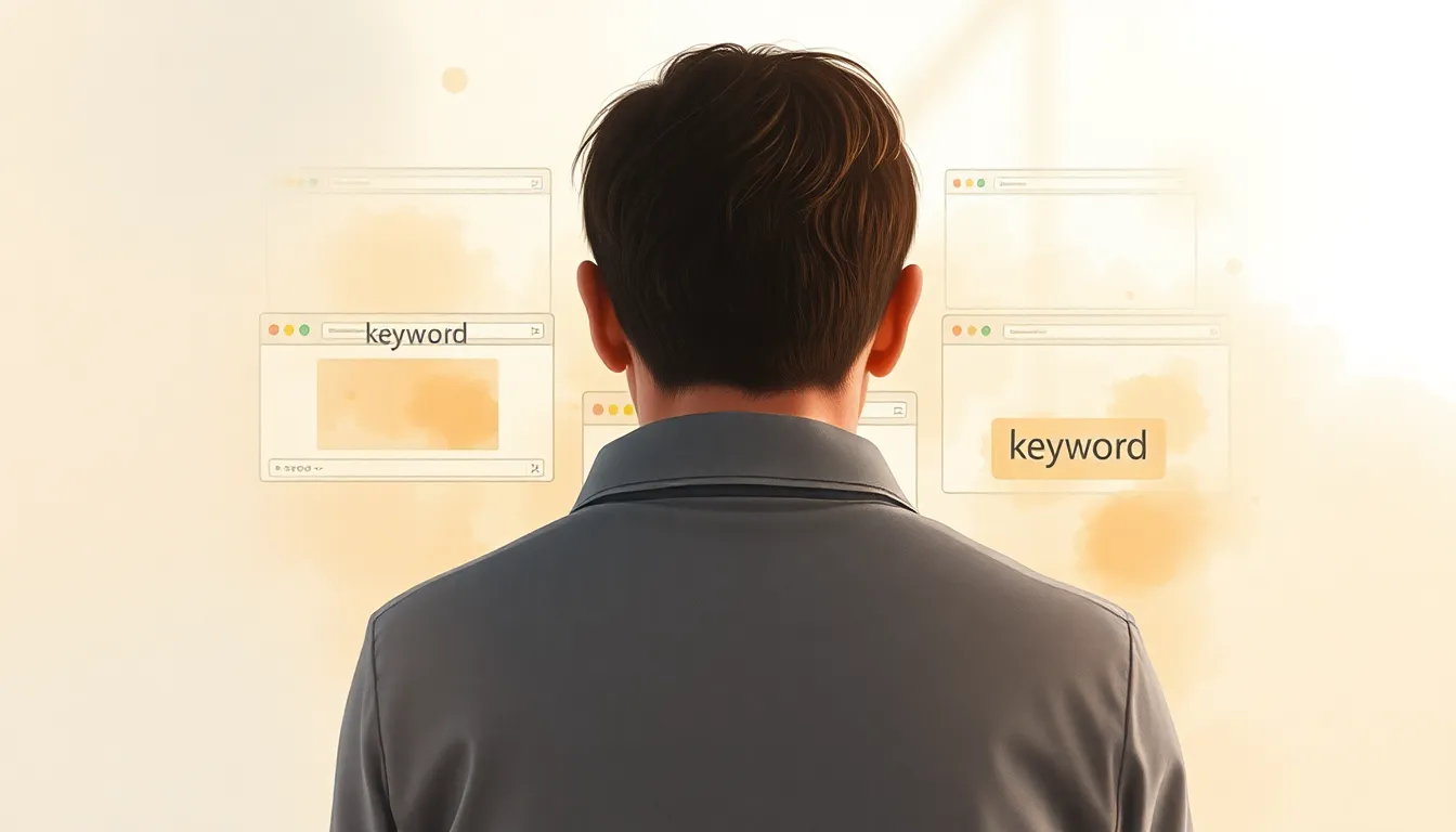 Marketer staring at multiple open browser tabs with keyword tools and spreadsheets