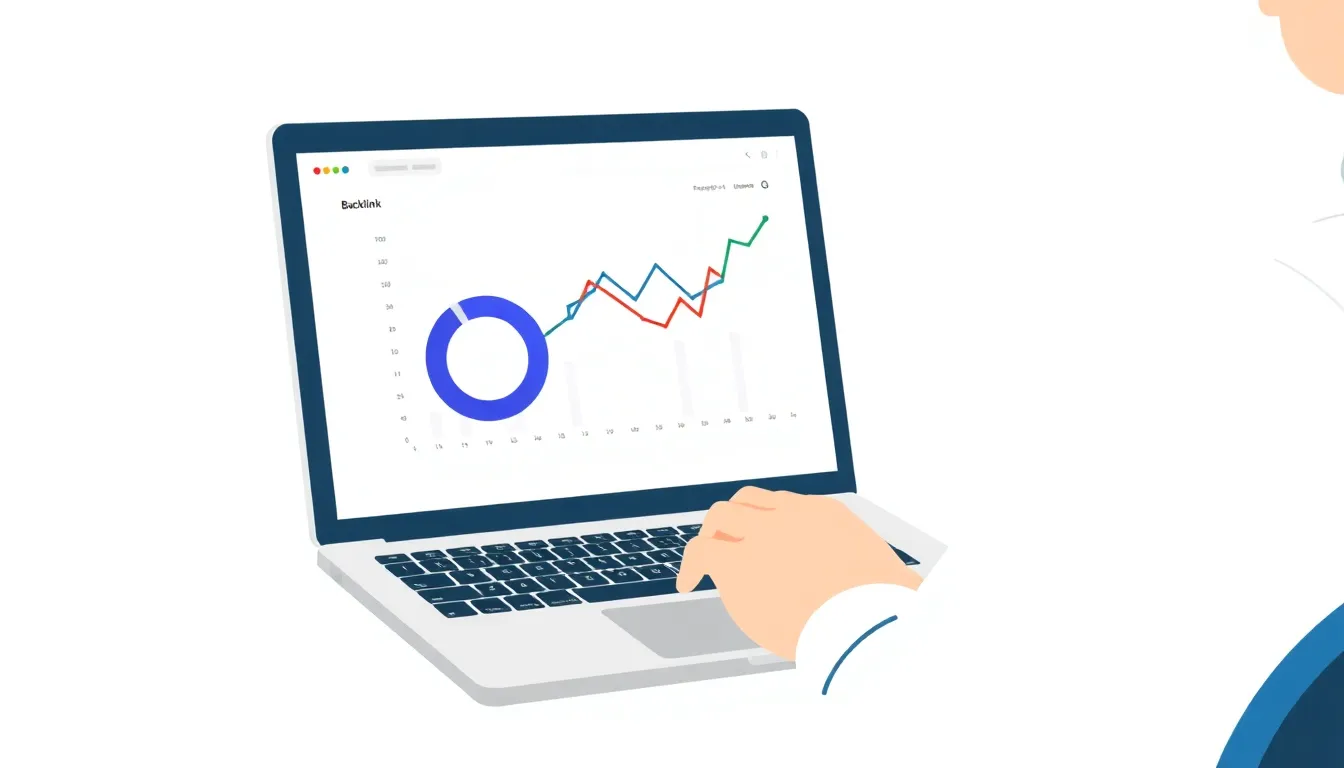 Person analyzing backlink data on a laptop with line graph trends on screen