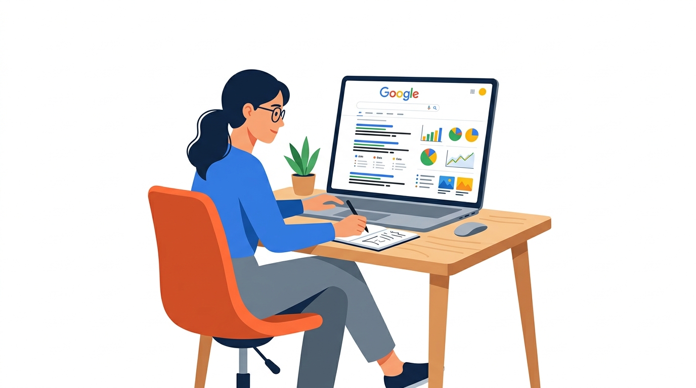 Person reviewing data on a laptop screen showing Google Search Console dashboard