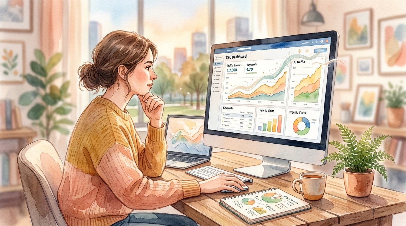 Person analyzing SEO dashboard with AI-generated traffic forecast chart