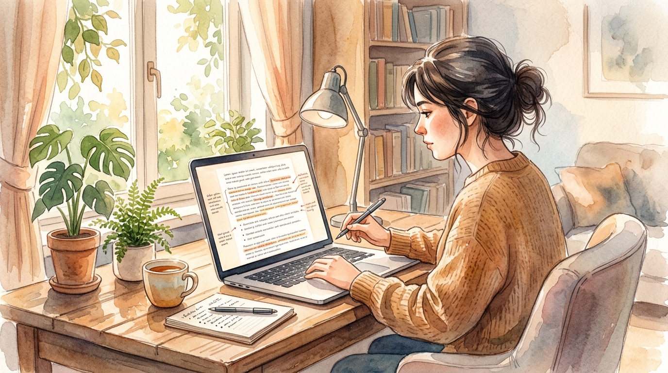 Person editing a long-form article on a laptop, with on-page SEO tool analytics on screen