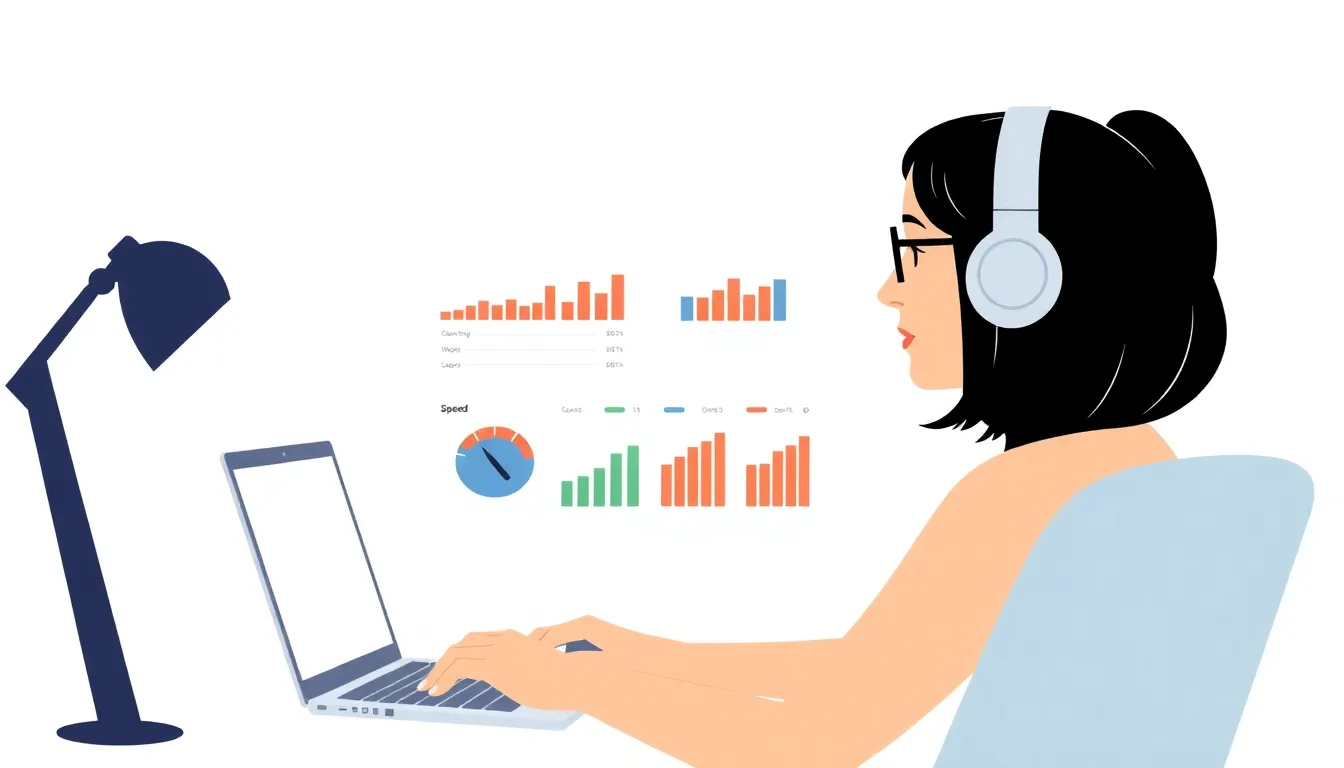 Woman analyzing website speed metrics on a laptop at a modern office desk