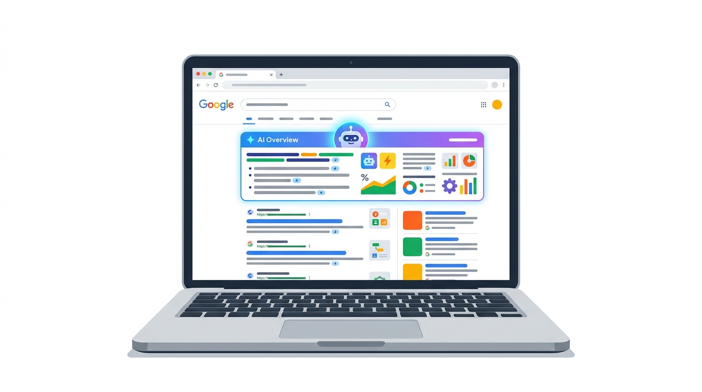 Laptop showing Google search results page with AI-generated answer box