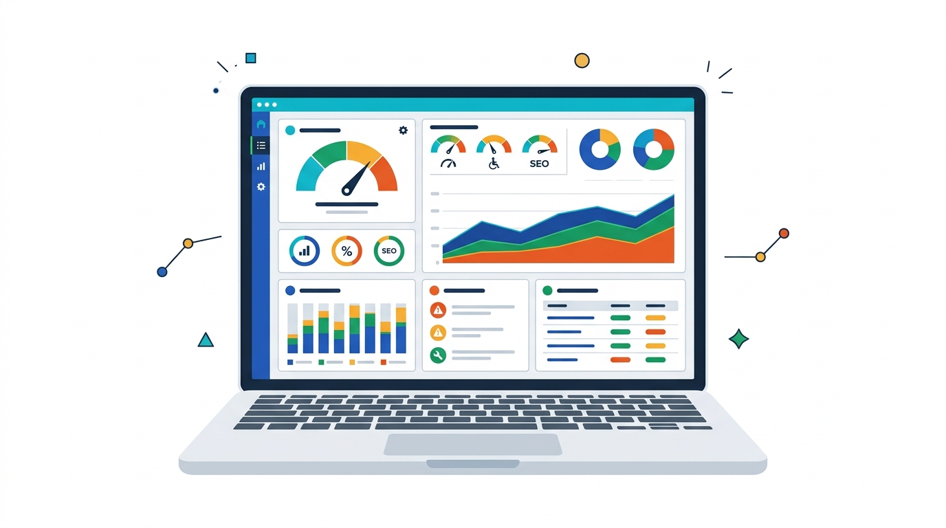 Laptop showing a website audit dashboard with technical SEO graphs