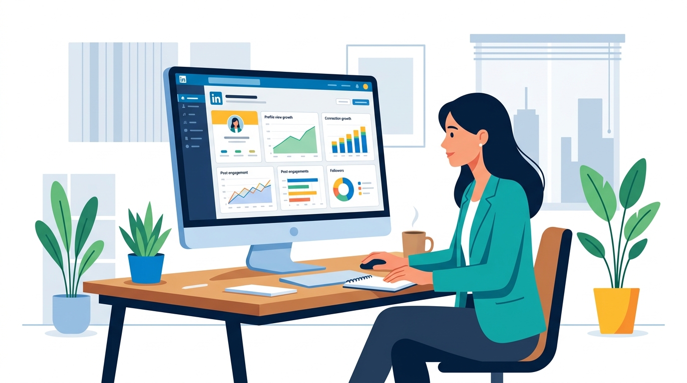 Person in modern office looking at LinkedIn analytics dashboard on laptop