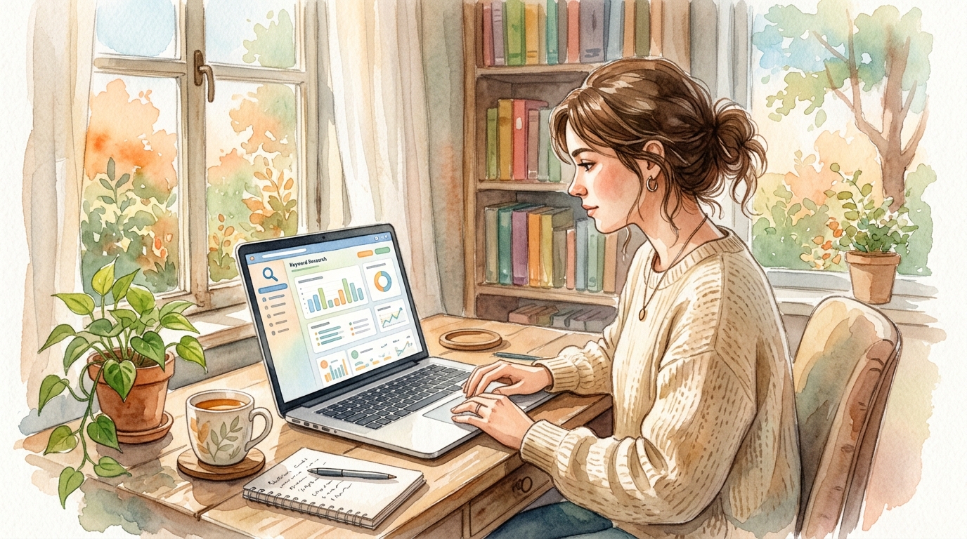 Person working on a laptop showing Ahrefs keyword research dashboard
