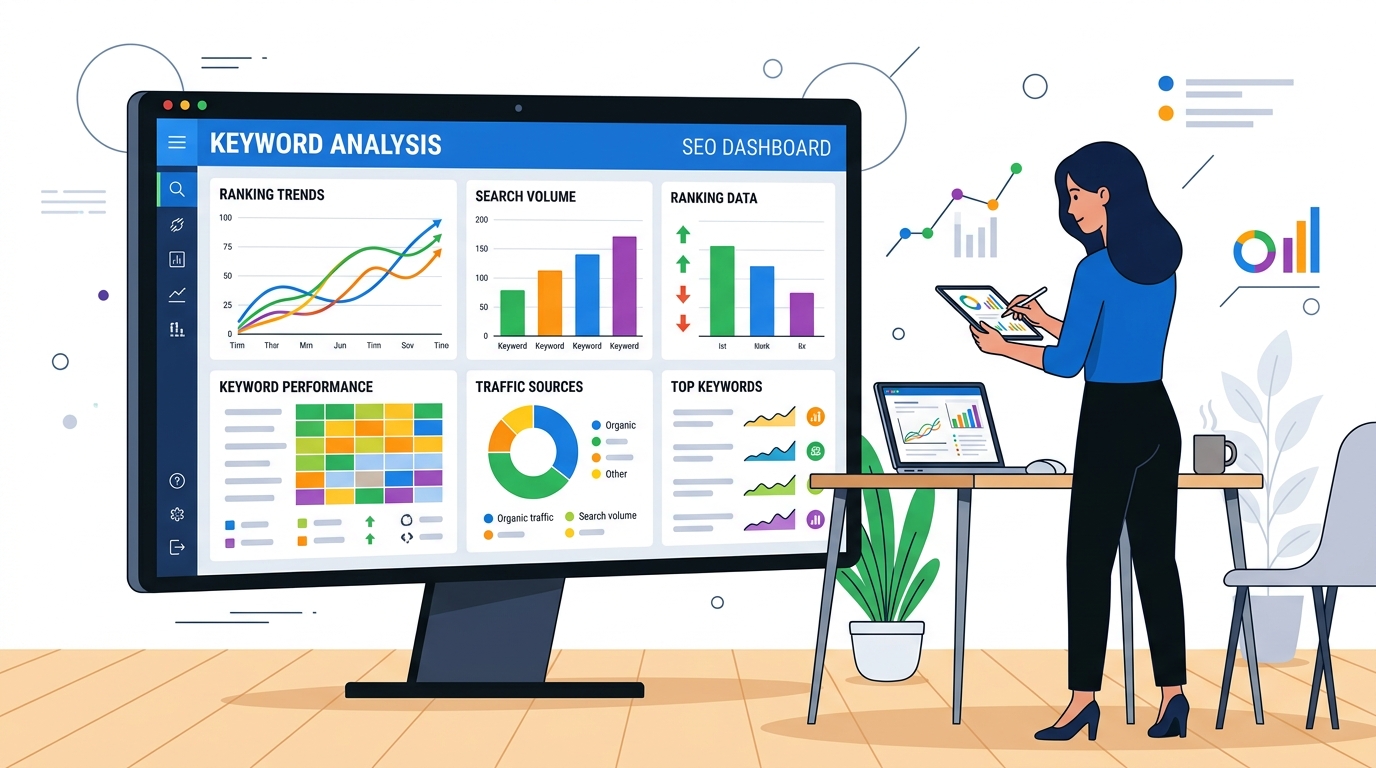 Person analyzing SEO dashboard with keyword graphs and search intent charts