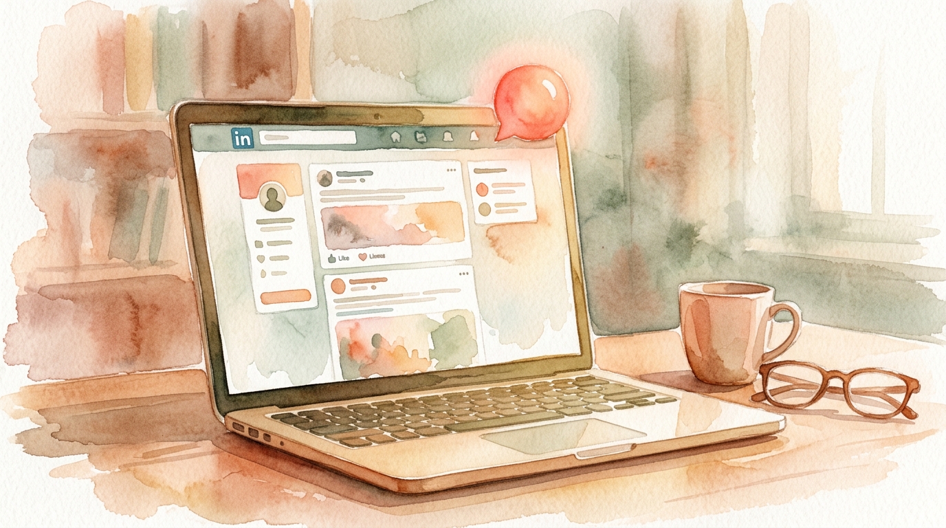 Laptop showing LinkedIn feed with notifications highlighting a viral post