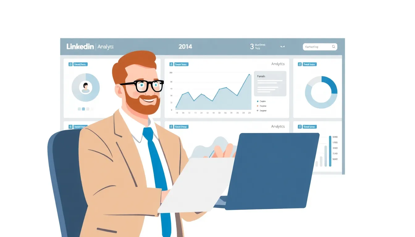 Business professional reviewing LinkedIn analytics dashboard on laptop