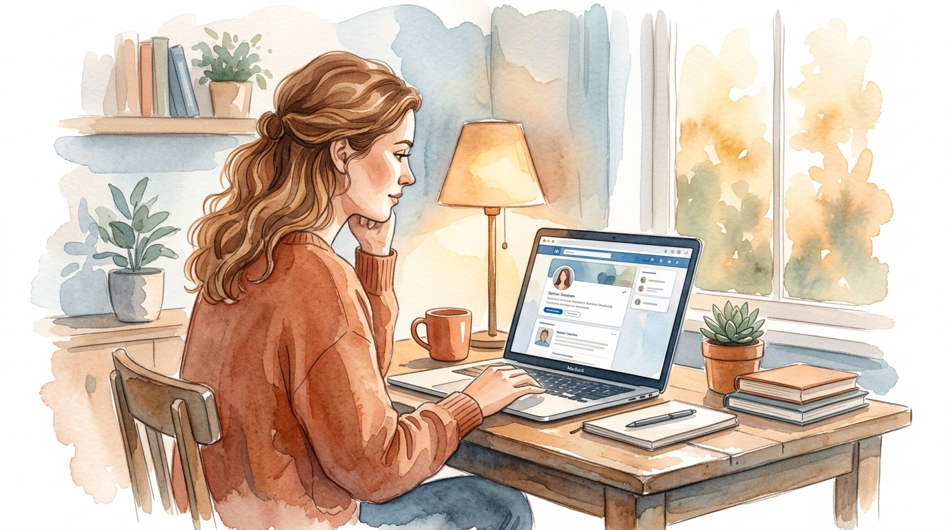 Recruiter scanning LinkedIn profiles on laptop, one headline highlighted
