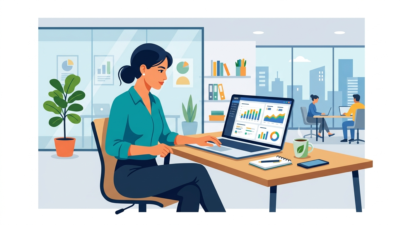 Marketer analyzing SEO dashboard on a laptop in a modern office setting