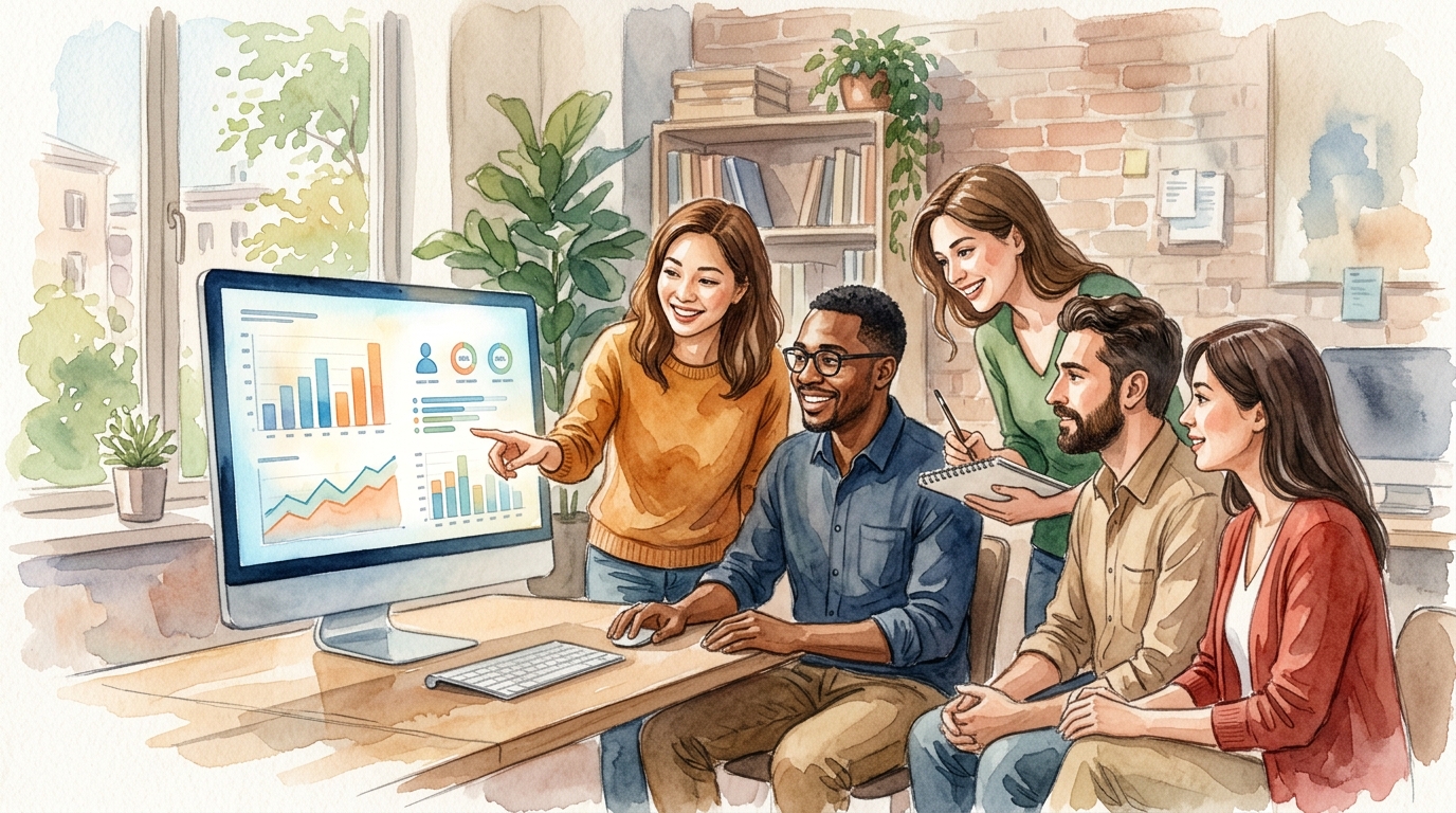 Team of SaaS marketers gathered around a large monitor with AI-generated content drafts, LinkedIn posts, and graphics displayed