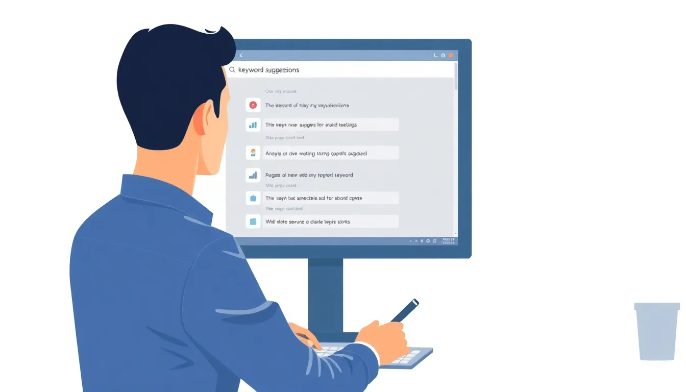 Person analyzing keyword suggestions on a large monitor in a modern office