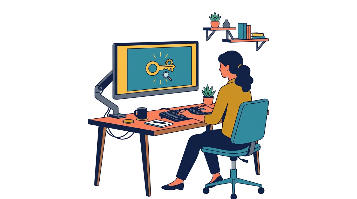 Person working at desk with large monitor displaying SEO keyword data charts