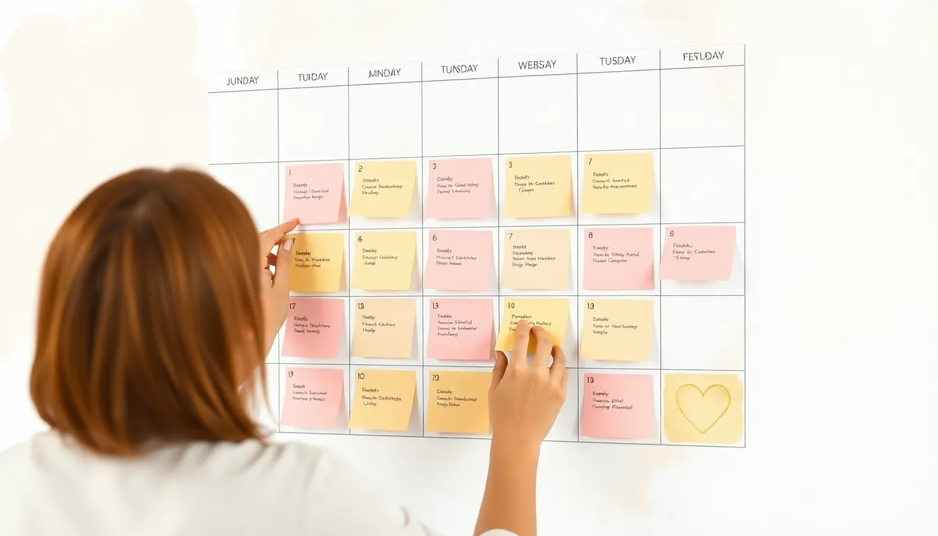Person organizing sticky notes on a wall content calendar, laptop nearby