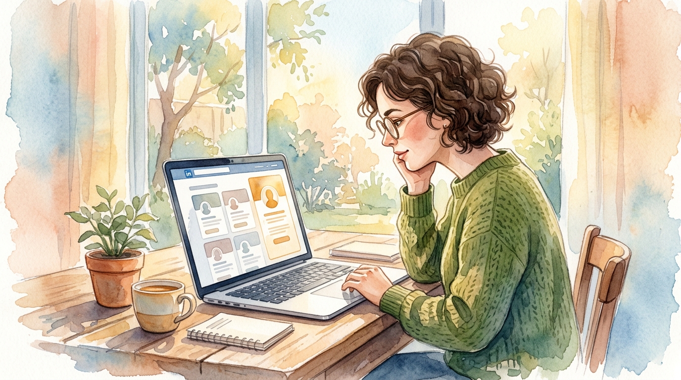 Recruiter scanning LinkedIn on laptop, stopping on a standout profile